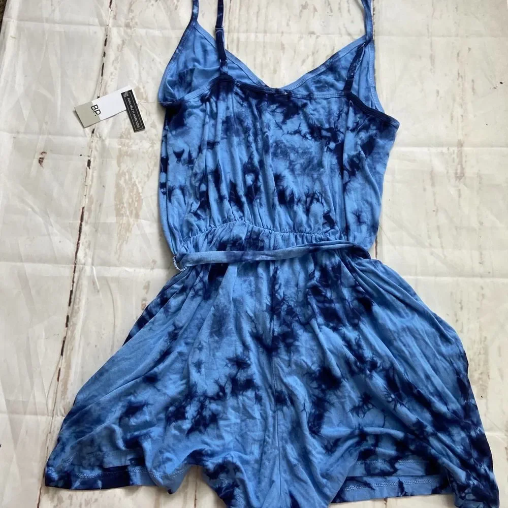 BP Blue Tie Dye Tie Waist Spaghetti Strap Romper vacation casual NWT womens S